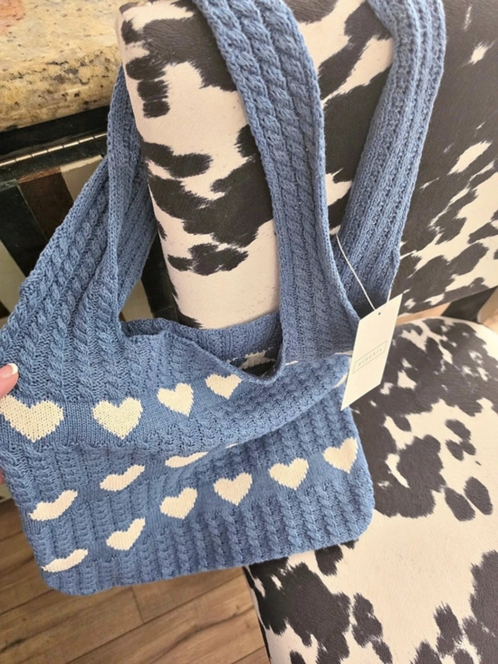 Free People Knit Heart Tote in Blue & Cream NWT
